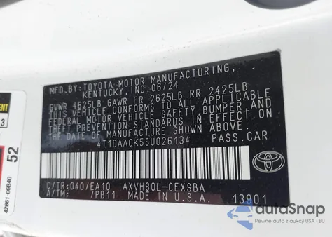 2025 Toyota Camry Se from USA, damaged, VIN 4T1DAACK5SU026134